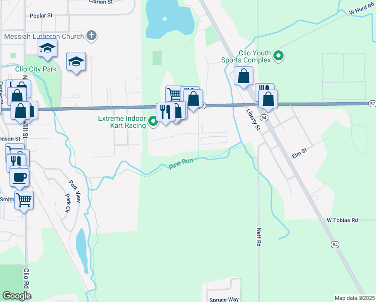 map of restaurants, bars, coffee shops, grocery stores, and more near 11535 Plaza Drive in Clio