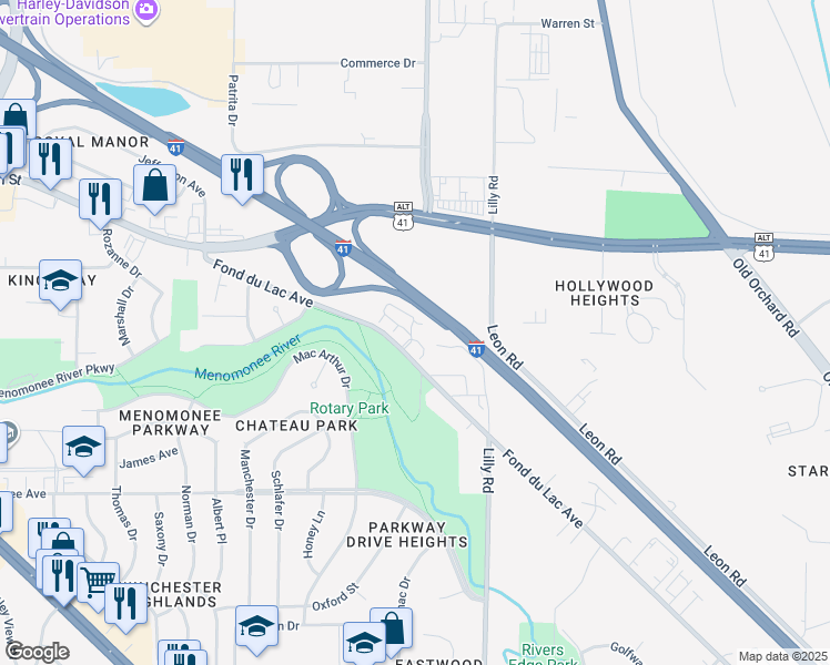 map of restaurants, bars, coffee shops, grocery stores, and more near N86W14131 Beacon Street in Menomonee Falls