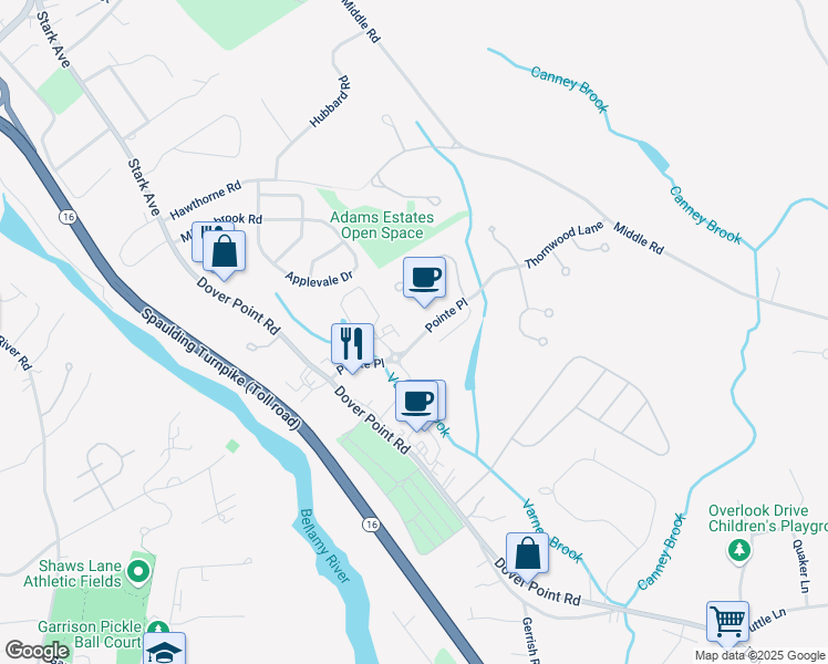 map of restaurants, bars, coffee shops, grocery stores, and more near 50 Pointe Place in Dover