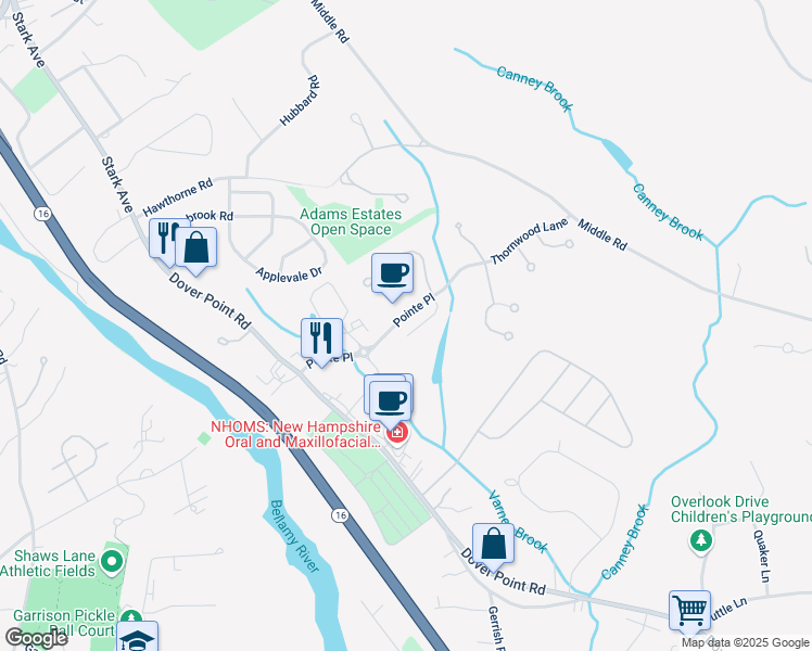 map of restaurants, bars, coffee shops, grocery stores, and more near 55 Pointe Place in Dover