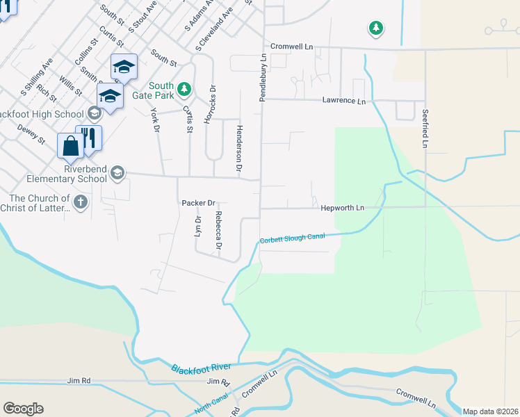 map of restaurants, bars, coffee shops, grocery stores, and more near 1482 Hepworth Lane in Blackfoot