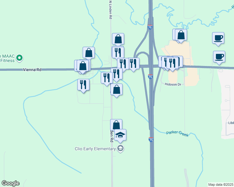 map of restaurants, bars, coffee shops, grocery stores, and more near 11438 North Linden Road in Clio