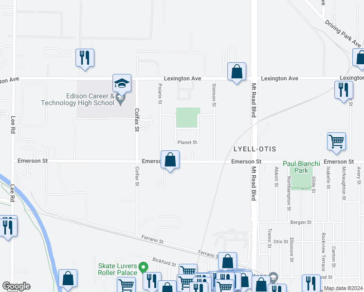 map of restaurants, bars, coffee shops, grocery stores, and more near 197 Planet Street in Rochester