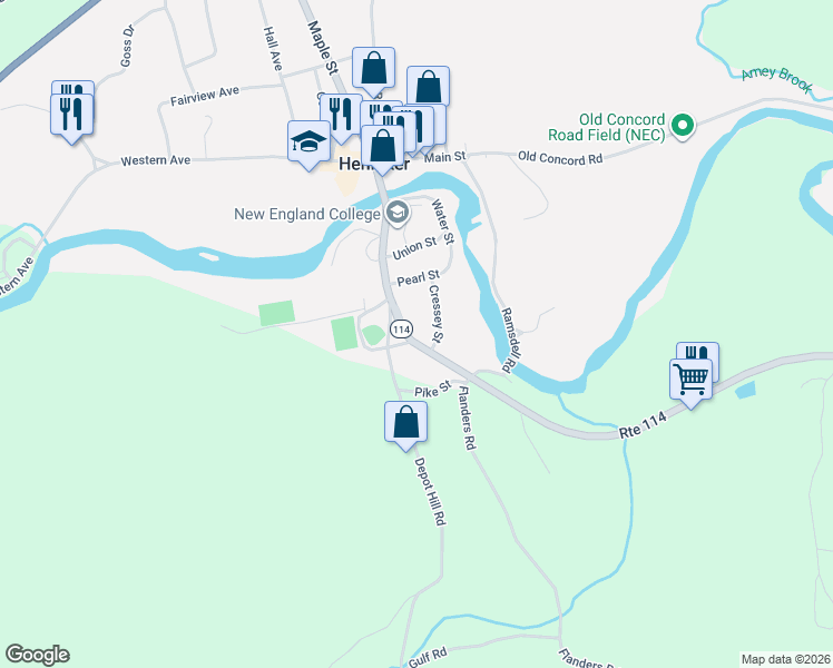 map of restaurants, bars, coffee shops, grocery stores, and more near 81 Cressey Street in Henniker