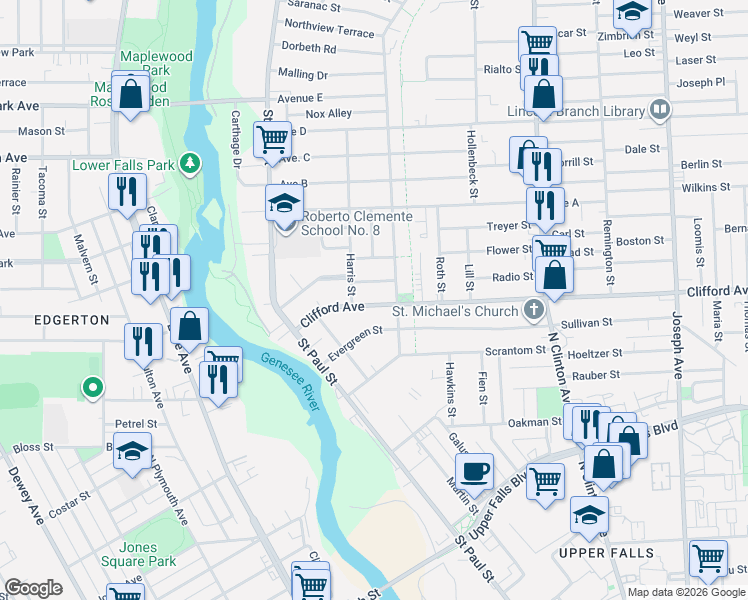 map of restaurants, bars, coffee shops, grocery stores, and more near 128 Clifford Avenue in Rochester