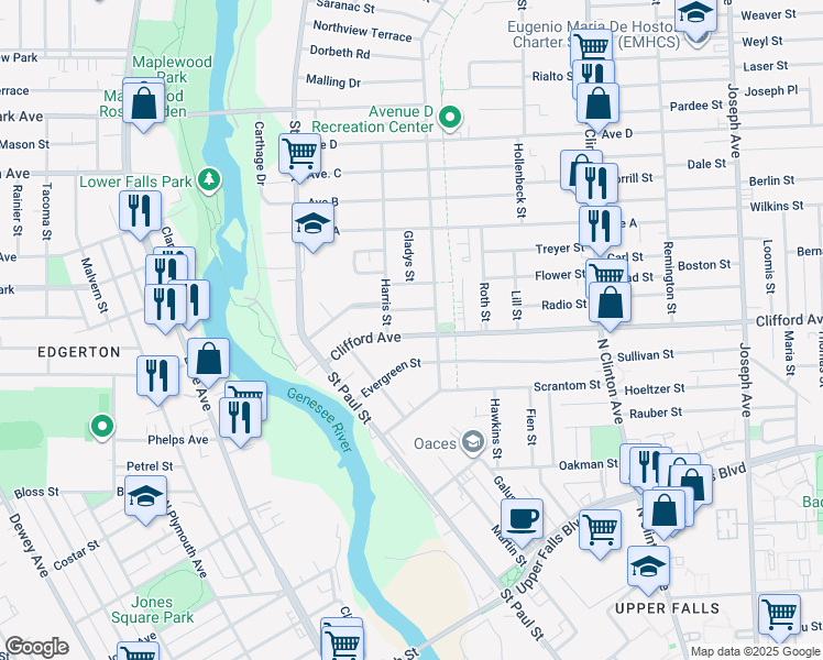 map of restaurants, bars, coffee shops, grocery stores, and more near 128 Clifford Avenue in Rochester