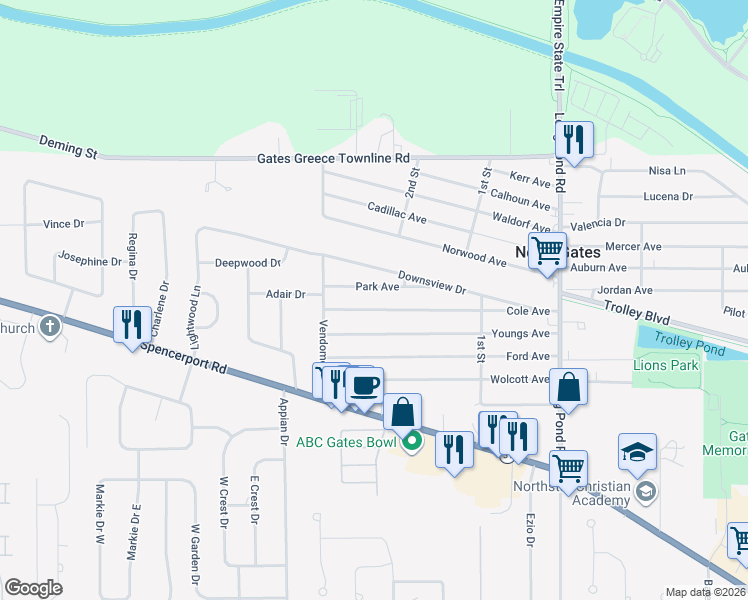 map of restaurants, bars, coffee shops, grocery stores, and more near 274 Cole Avenue in Rochester