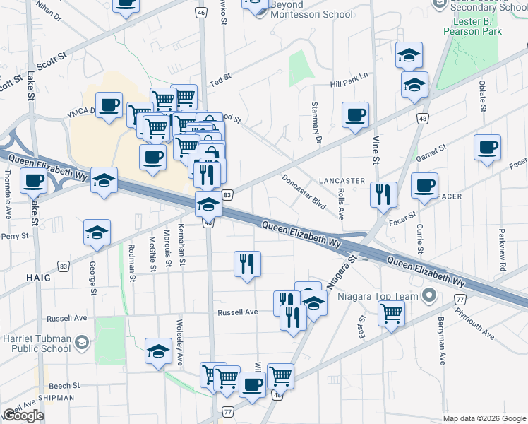 map of restaurants, bars, coffee shops, grocery stores, and more near 37 McCalla Drive in Saint Catharines