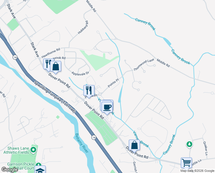 map of restaurants, bars, coffee shops, grocery stores, and more near 35 Pointe Place in Dover