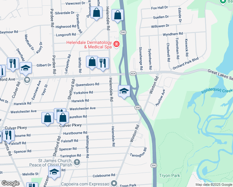 map of restaurants, bars, coffee shops, grocery stores, and more near 220 Helendale Road in Rochester