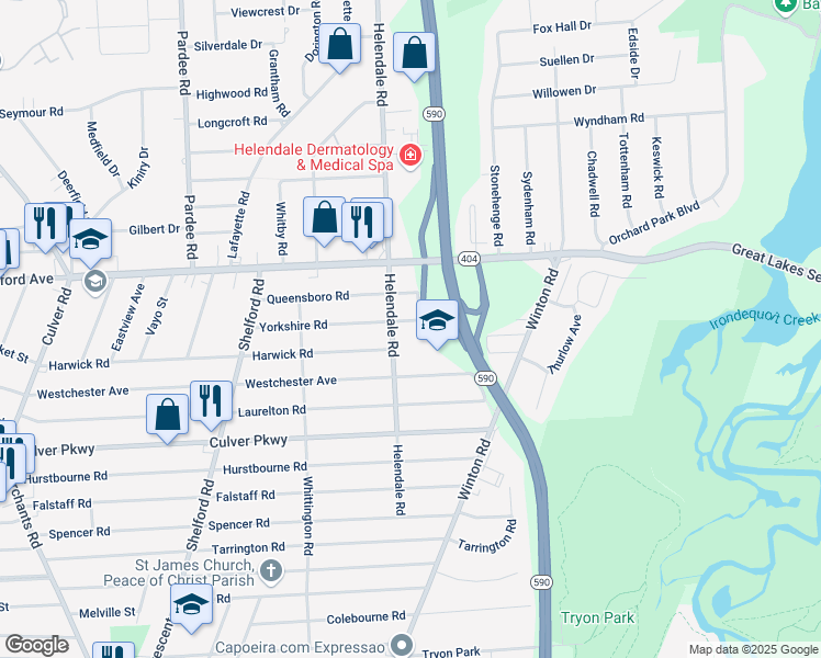 map of restaurants, bars, coffee shops, grocery stores, and more near 220 Helendale Road in Rochester