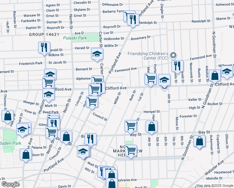 map of restaurants, bars, coffee shops, grocery stores, and more near 74 Miller Street in Rochester