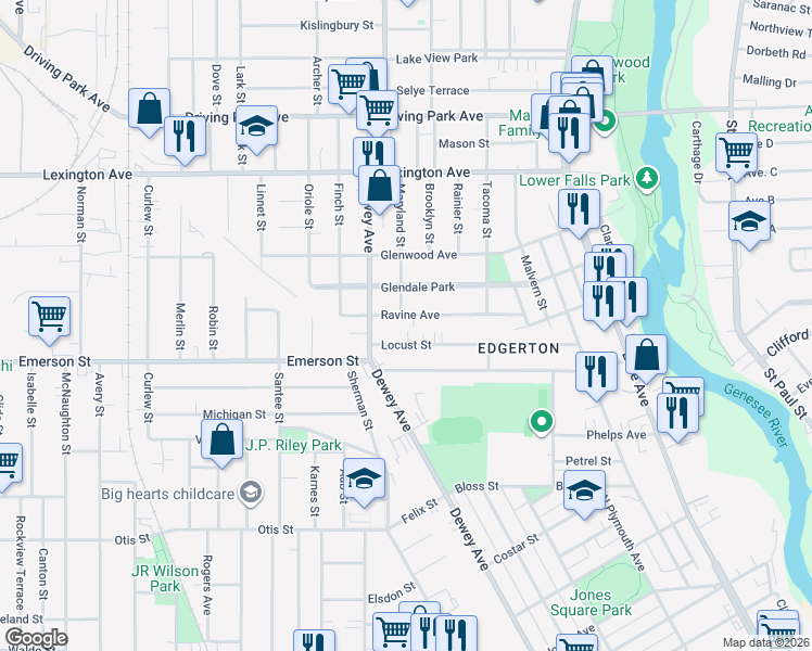 map of restaurants, bars, coffee shops, grocery stores, and more near 96 Locust Street in Rochester