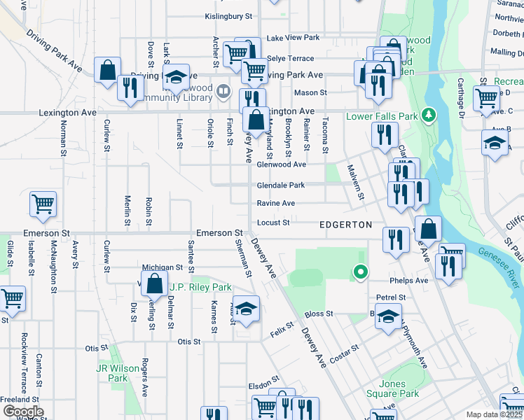 map of restaurants, bars, coffee shops, grocery stores, and more near 96 Locust Street in Rochester