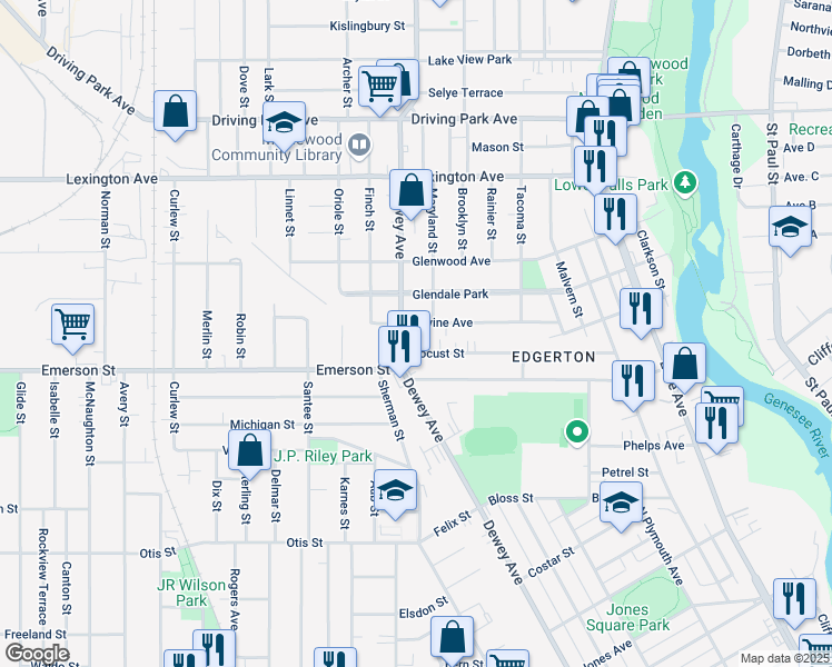 map of restaurants, bars, coffee shops, grocery stores, and more near 96 Locust Street in Rochester