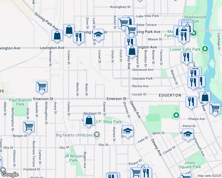 map of restaurants, bars, coffee shops, grocery stores, and more near 28 Plover Street in Rochester