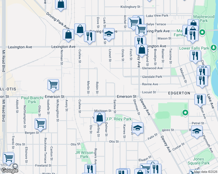 map of restaurants, bars, coffee shops, grocery stores, and more near 8 Kestrel Street in Rochester