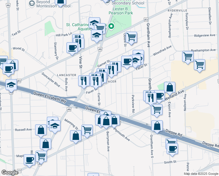 map of restaurants, bars, coffee shops, grocery stores, and more near 31 Concord Avenue in St. Catharines