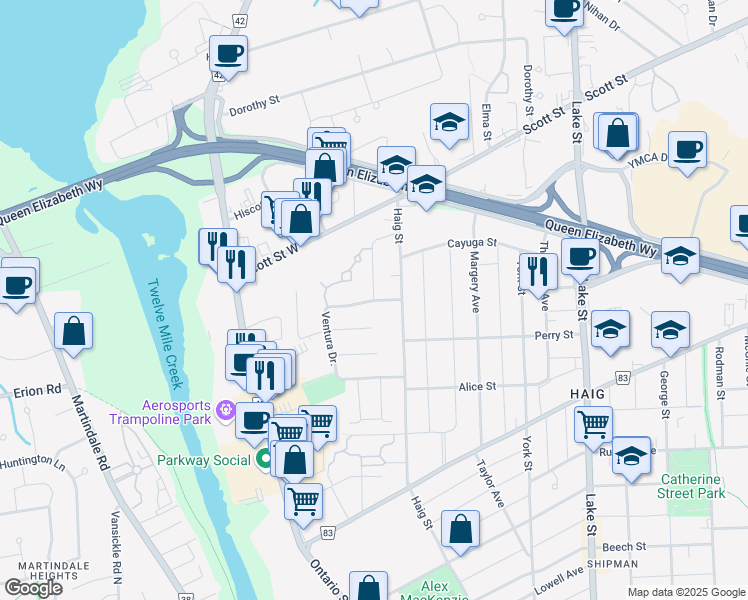 map of restaurants, bars, coffee shops, grocery stores, and more near Ventura Dr & Barry St in Saint Catharines
