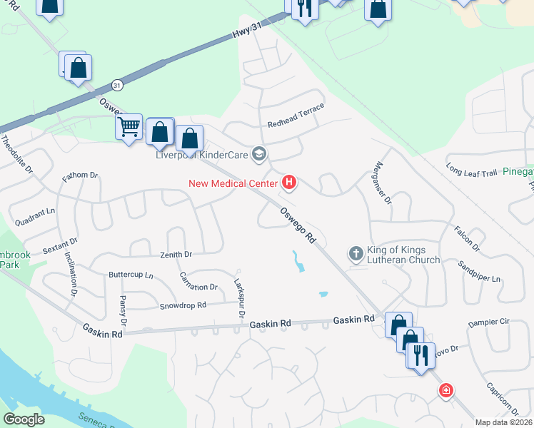 map of restaurants, bars, coffee shops, grocery stores, and more near 4220 Anguilla Drive in Liverpool
