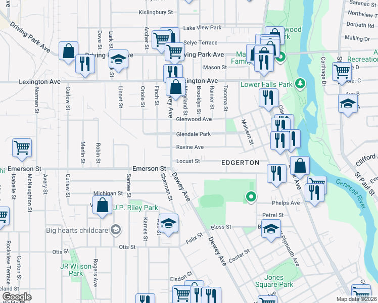 map of restaurants, bars, coffee shops, grocery stores, and more near 96 Locust Street in Rochester