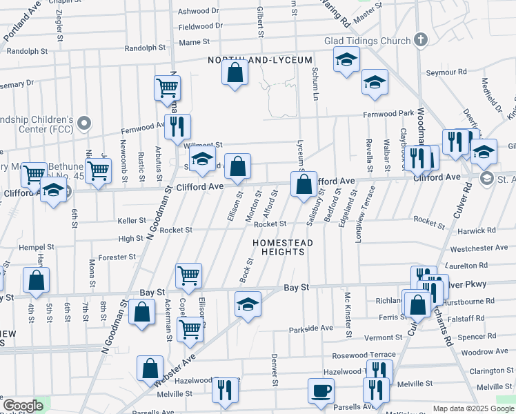 map of restaurants, bars, coffee shops, grocery stores, and more near 198 Morton Street in Rochester