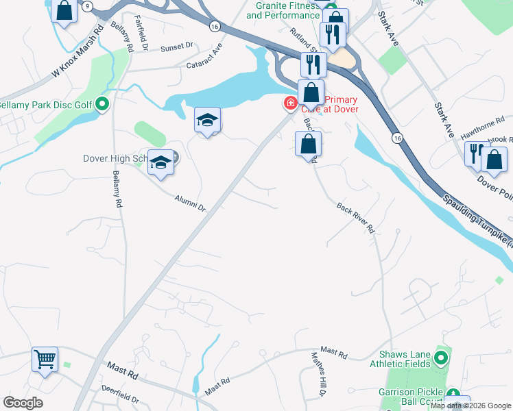 map of restaurants, bars, coffee shops, grocery stores, and more near 78 Durham Road in Dover
