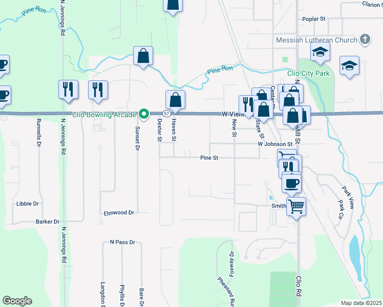 map of restaurants, bars, coffee shops, grocery stores, and more near 524 Pine Street in Clio