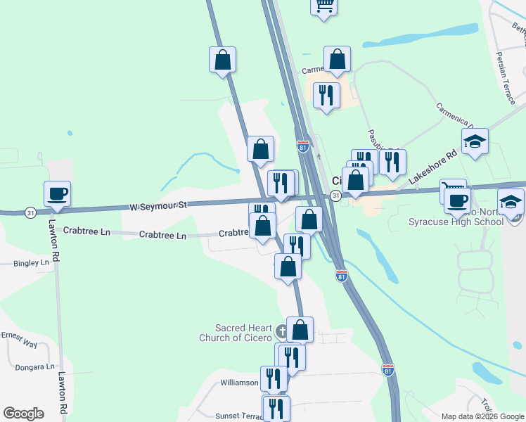 map of restaurants, bars, coffee shops, grocery stores, and more near 8355 Brewerton Rd in Cicero