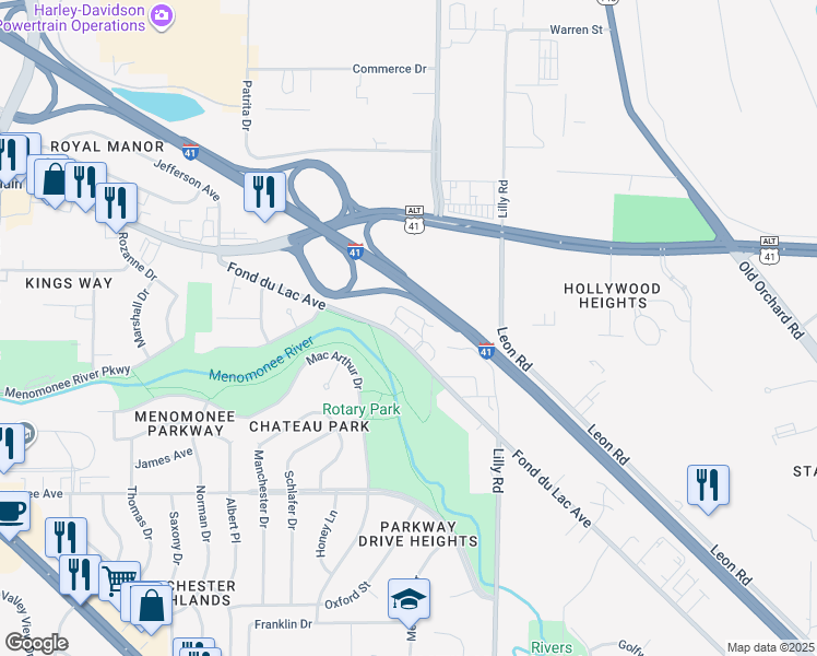 map of restaurants, bars, coffee shops, grocery stores, and more near N86W14324 West Fond Du Lac Avenue in Menomonee Falls
