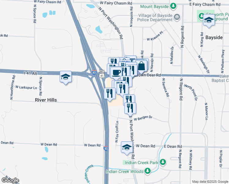 map of restaurants, bars, coffee shops, grocery stores, and more near 8755 North Port Washington Road in Fox Point