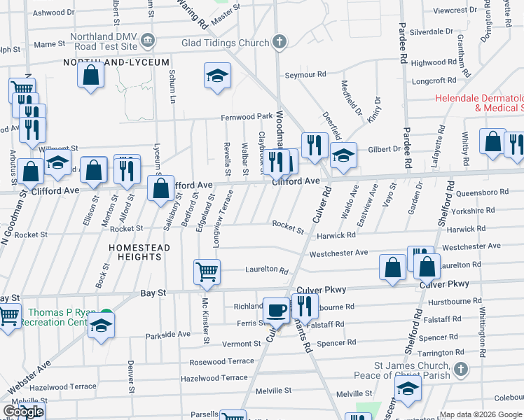map of restaurants, bars, coffee shops, grocery stores, and more near 16 Mapledale Street in Rochester