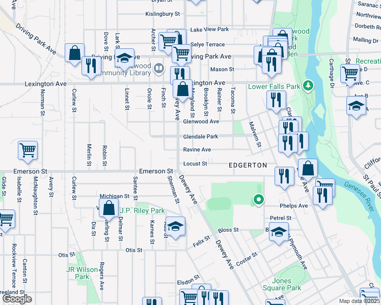 map of restaurants, bars, coffee shops, grocery stores, and more near 96 Locust Street in Rochester