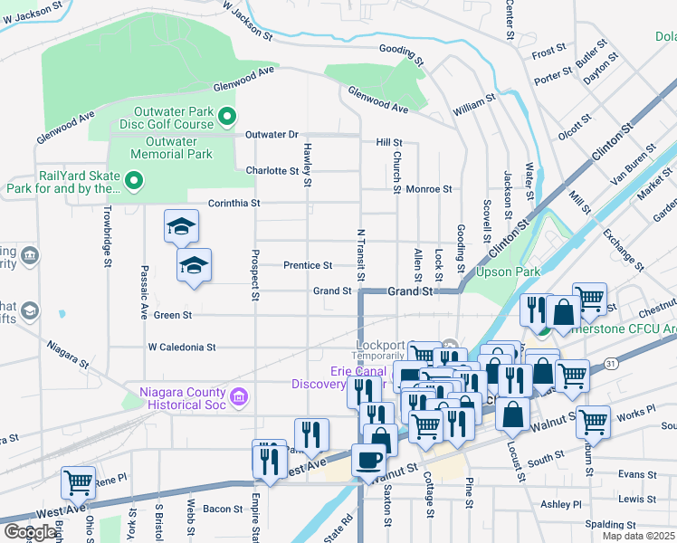 map of restaurants, bars, coffee shops, grocery stores, and more near 190 Grand Street in Lockport