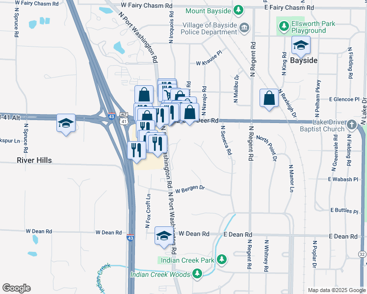 map of restaurants, bars, coffee shops, grocery stores, and more near 308 West Bergen Court in Fox Point