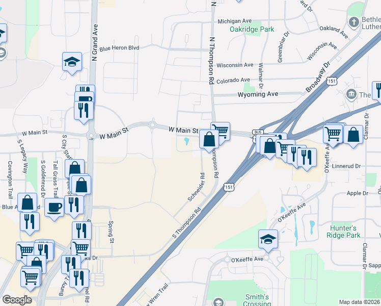 map of restaurants, bars, coffee shops, grocery stores, and more near 116 S Thompson Rd in Sun Prairie