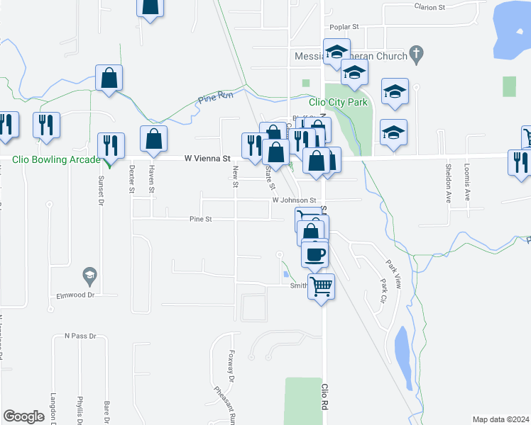 map of restaurants, bars, coffee shops, grocery stores, and more near 302 Pine Street in Clio