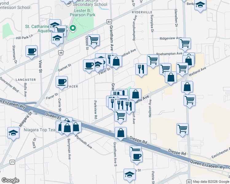 map of restaurants, bars, coffee shops, grocery stores, and more near 232 Grantham Avenue in St. Catharines