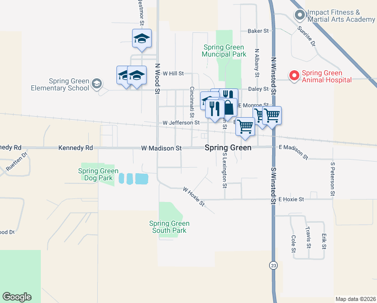 map of restaurants, bars, coffee shops, grocery stores, and more near 270 South Baltimore Street in Spring Green