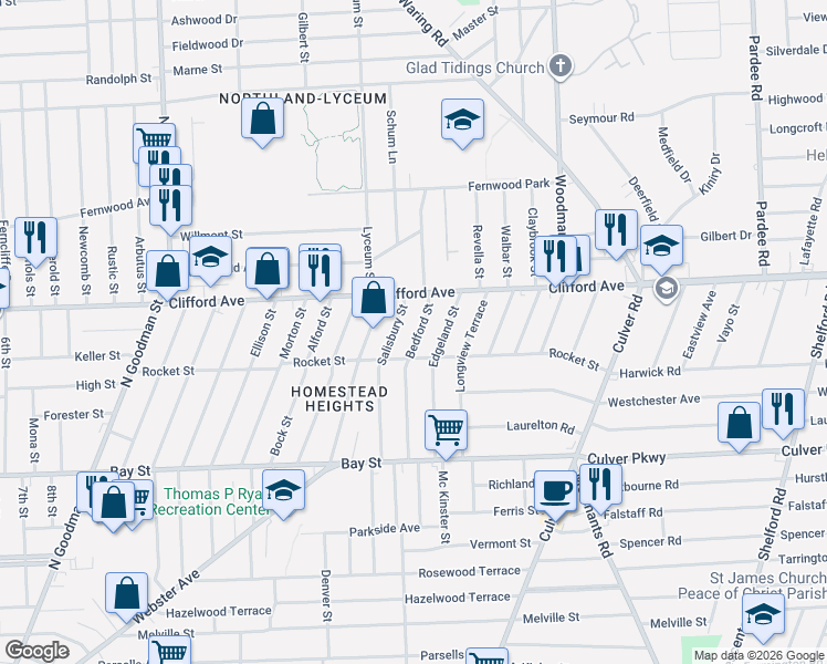 map of restaurants, bars, coffee shops, grocery stores, and more near 147 Bedford Street in Rochester