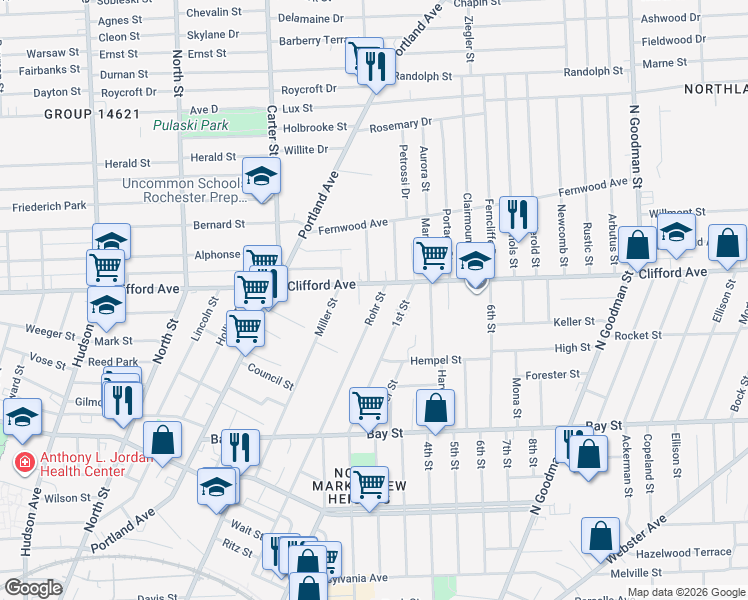 map of restaurants, bars, coffee shops, grocery stores, and more near 219 Rohr Street in Rochester