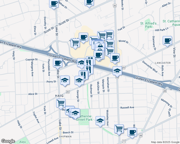 map of restaurants, bars, coffee shops, grocery stores, and more near 2 Dunlop Drive in St. Catharines