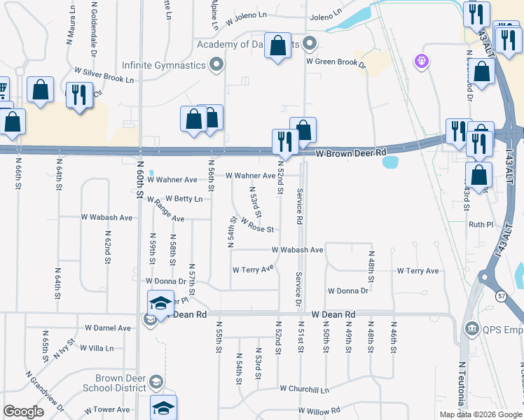 map of restaurants, bars, coffee shops, grocery stores, and more near 8601 North 52nd Street in Brown Deer