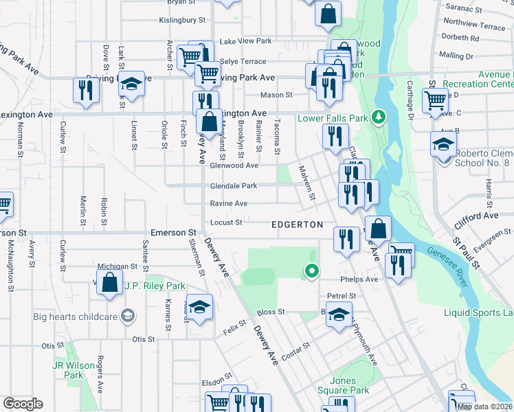 map of restaurants, bars, coffee shops, grocery stores, and more near 255 Ravine Avenue in Rochester