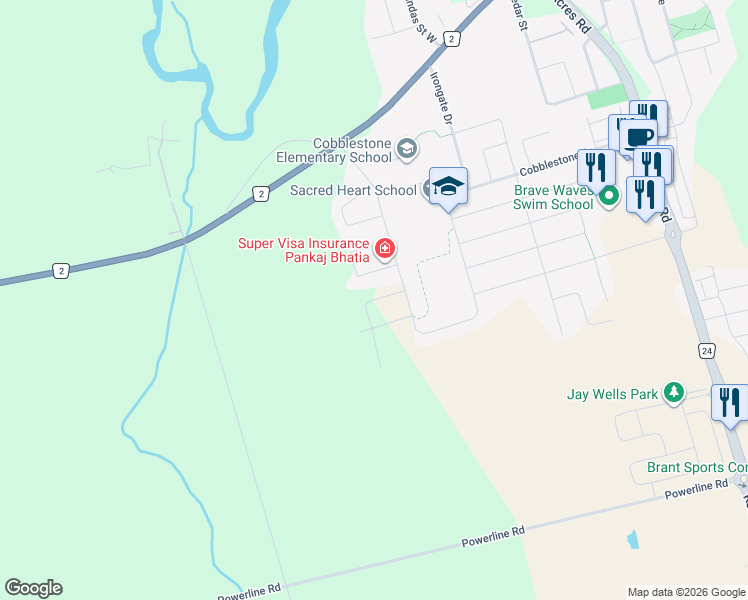 map of restaurants, bars, coffee shops, grocery stores, and more near Bean Street in Brant