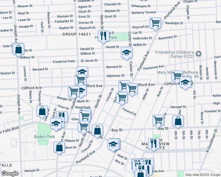 map of restaurants, bars, coffee shops, grocery stores, and more near 193 Lincoln Street in Rochester