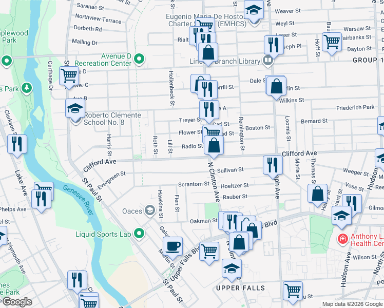 map of restaurants, bars, coffee shops, grocery stores, and more near 355 Clifford Avenue in Rochester