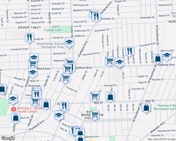 map of restaurants, bars, coffee shops, grocery stores, and more near 74 Miller Street in Rochester