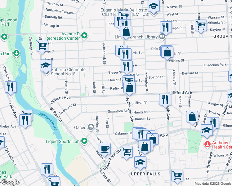 map of restaurants, bars, coffee shops, grocery stores, and more near 355 Clifford Avenue in Rochester