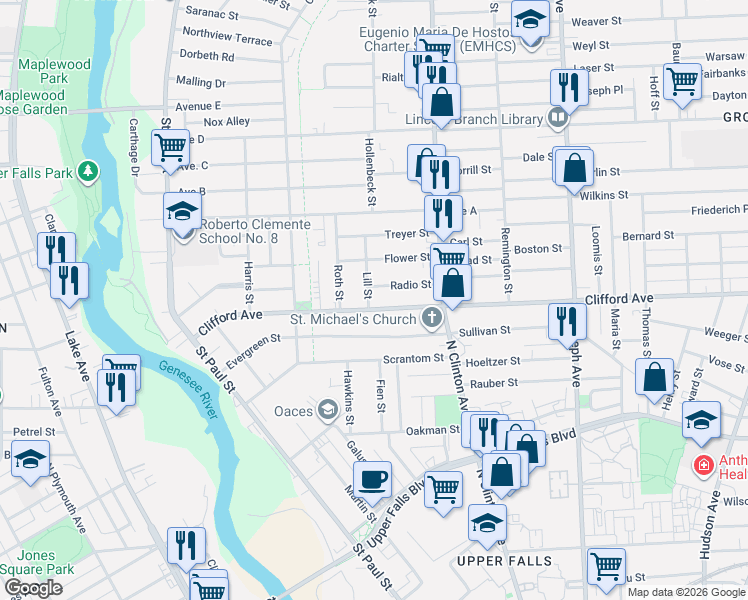 map of restaurants, bars, coffee shops, grocery stores, and more near 293 Clifford Avenue in Rochester